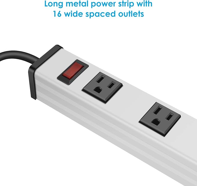 JUNNUJ Long Metal 16 Outlet Power Strip, Wide Spaced Garage Industrial Heavy Duty Power Strip with 4 FT Cord 15A, 125V, 1875W-Silver