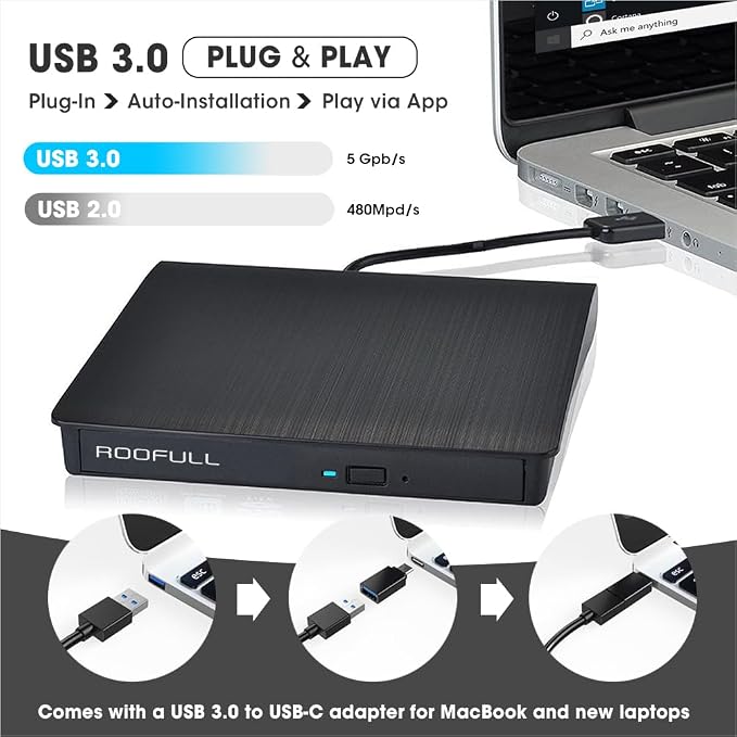 ROOFULL USB 3.0 & USB-C External CD DVD Drive with Protective Carrying Case, Portable CD DVD Optical Disc Drive Reader Writer Burner Player for Laptop PC Windows 11/10 Mac MacBook Linux OS