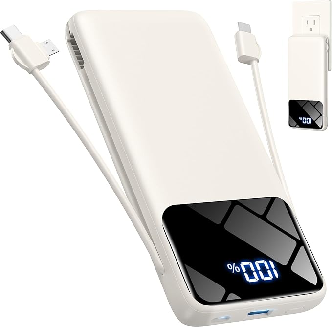 Portable Charger with Built-in Cables and AC Wall Plug, 10000mAh Ultra Slim USB C Power Bank, Travel Essentials Battery Pack Portable Phone Charger for iPhone, Samsung -Off White