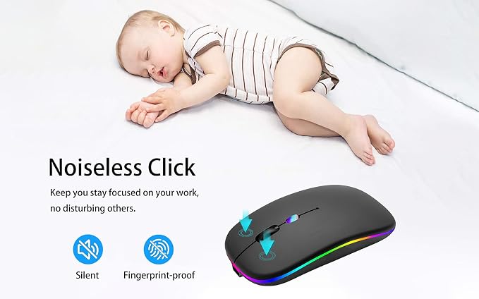 AIKOKOK Wireless Bluetooth Mouse, Rechargeable, Dual Mode Bluetooth 5.2 & 2.4G USB, LED Lights, Slim, Silent, Portable Computer Mouse for Laptop, PC, MacBook, iPad, Tablet (Black)