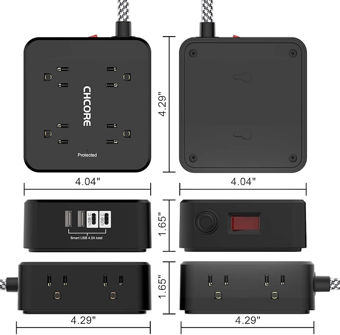 Surge Protector Power Strip - CHCORE 5Ft Braided Extension Cord with 8 Outlets with 4 USB (2 USB C) Charging Ports, Flat Plug Multi Plug Outlet Extender Charging Station for Home Office, ETL, Black