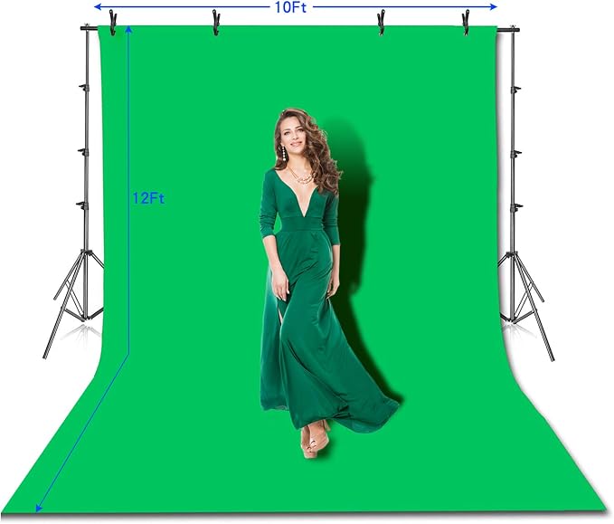 HYJ-INC Photo Video Studio 10 x12ft 100% Cotton Muslin Chromakey Green Screen Backdrop with 8.5 x 10ft Stand Photography Background Support System Kit Clamp, Carry Bag