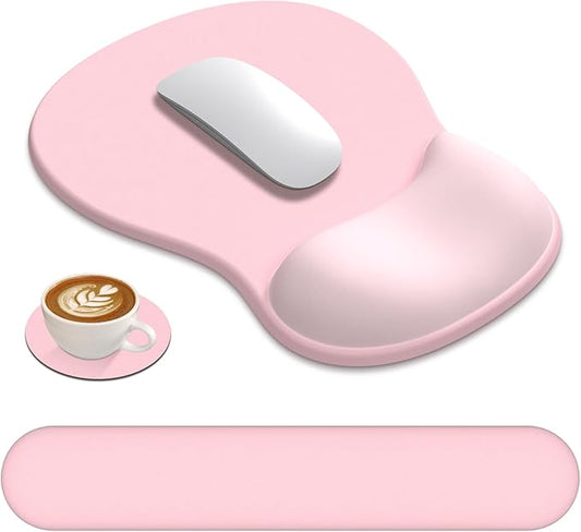 AKIT Ergonomic Mouse Pad and Keyboard Wrist Rest, 3-in-1 Memory Foam Wrist Rest for Computer Keyboard, Non-Slip Base, Pain Relief, Gel Mousepad Set for Gaming, Home and Office, Pink
