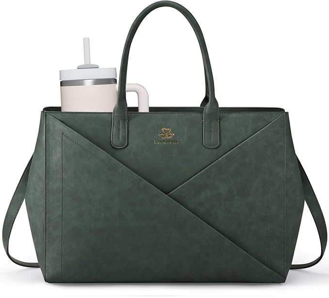 LOVEVOOK Laptop Tote Bag for Women with Large Cup Holder, 16 Inch PU Leather Work Bag Teacher Tote Bag, Waterproof Computer Bags Business Office Briefcase Handbag