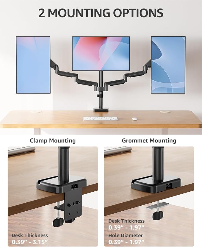 MOUNTUP Triple Monitor Stand Mount - 3 Monitors Desk Mount for Computer Screens Up to 27 inch, Triple Monitor Arm, Heavy Duty Monitors Stand, Each Arm Holds 4.4-19.8 lbs, Black