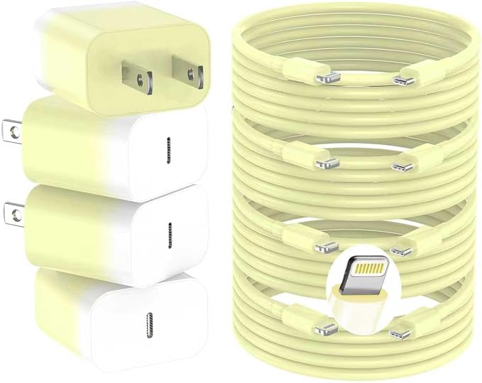 GREPHONE iPhone Charger Fast Charging,20W PD USB C Wall Charger 4 Pack with 6FT Fast Charging Cable - Fast Charger for iPhone 14/14 Pro Max/13/13 Pro/12/12 Pro/11/11 Pro/XS, iPad(Yellow)