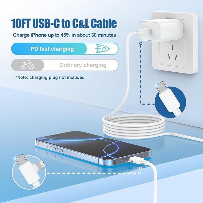 2 in 1 USB C to C Cable/Type C to Lightning Charger Cable 10ft, Long Type C to C and USB C to Lightning Charging Cord for Apple iPhone 17 Pro Max/17 Air/16 Plus/15/14 Pro/13/12 Mini/11/XS Max/iPad Air