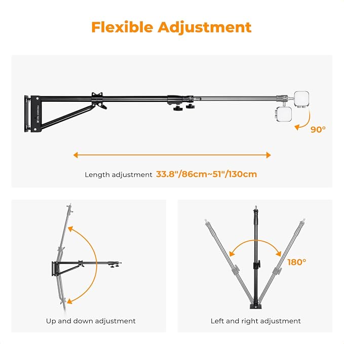 K&F CONCEPT Wall Mount Boom Arm 51"- Rotating Triangle Stand for Ring Light, Softbox, Reflector - Support 180°Flexible Rotation, 33-51in Adjustable Length, 20lbs Heavy Duty with 1/4''&3/8'' Mount
