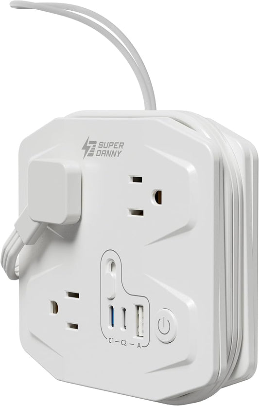 20W Travel Power Strip SUPERDANNY 3-Foot Wrap Up Extension Cord with 3 Outlets and 3 Fast Charging USBs, No Surge Protector Cruise Approved Portable Mini Travel Charger for Home Office Hotel, White