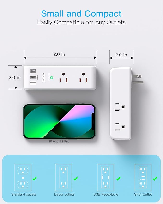 Surge Protector Outlet Extender with Rotating Plug, 6 AC Multi Plug Outlet with 3 USB Ports (1 USB C Port), 1800J Wall Charger, 3-Sided Power Adapter Outlet Splitter for Home Office, White