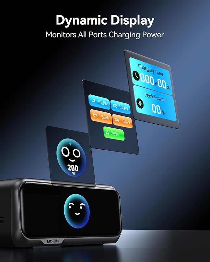 MOKiN 200W Charging Station, 6-Port GaN Desktop Charging Station with Smart Display and Retractable Cable, USB C Charger Station for iPhone, Galaxy, MacBook, Dell and Desk Accessorie