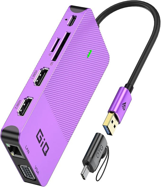 USB Docking Station GIQ USB C hub USB 3.0 to Dual HDMI VGA Adapter Triple Display USB C Laptop Docking Station Dual Display Compatible with MacBook M1 USB Dock-Purple