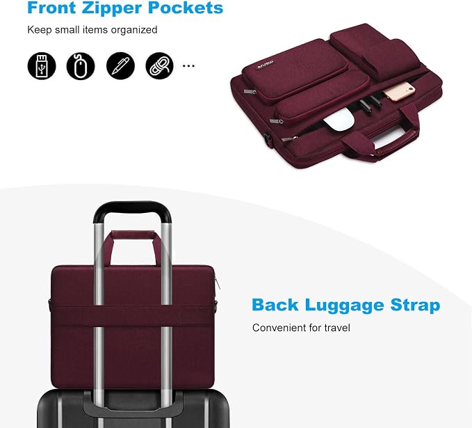 MOSISO Laptop Shoulder Bag 15.6 inch, 15-15.6 inch Computer Bag Compatible with MacBook Pro 16 inch, HP, Dell, Lenovo, Notebook with 2 Raised&1 Flapover&1 Horizontal Pocket&Handle&Belt, Wine Red