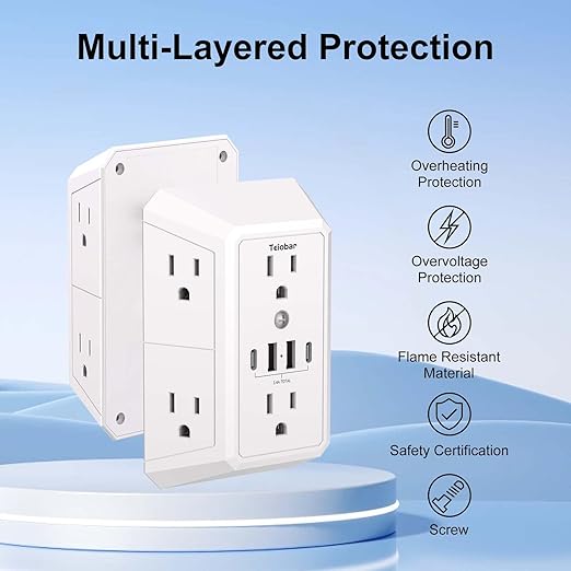 Multi Plug Wall Outlet Surge Protector - Teiobar Outlet Extender with 6 Outlets and 4 USB Ports(2 USB-C), Outlet Splitter for Home Office Dorm Room Essentials, ETL, White