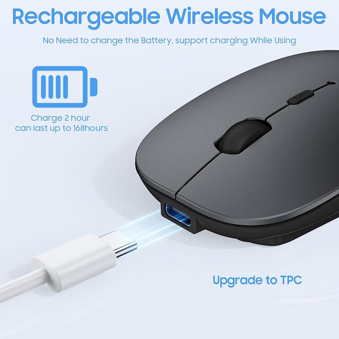 SUNGI Bluetooth Mouse,Wireless Slim Silent Mouse Jiggler Rechargable Mouse for iPad/MacBook/Tablet/PC/Cellphone,Gray