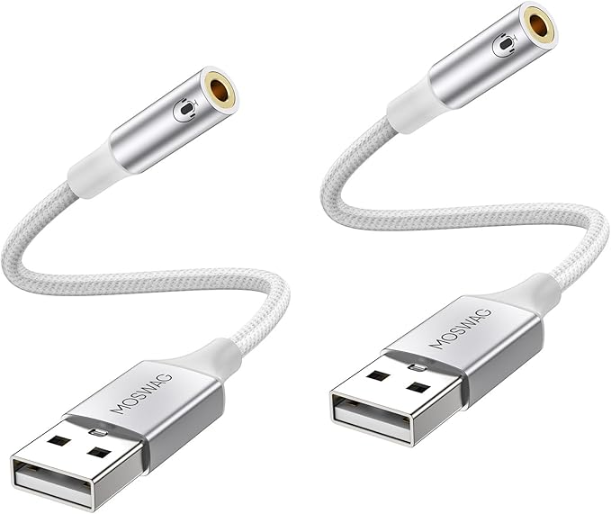 MOSWAG USB to 3.5mm Jack Audio Adapter,USB to Aux Cable with TRRS 4-Pole Mic-Supported PC to Headphone AUX Adapter External Sound Card for PC PS4 PS5 and More (0.65Ft/20cm(2pack), White)