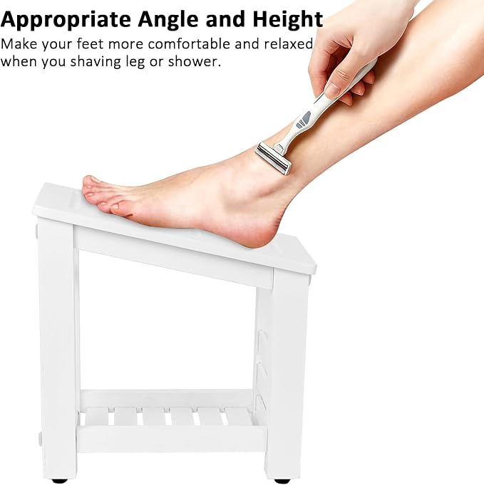 Bamboo Shower Foot Rest Stool for Shaving Legs & Pedicure, Non-Slip Bathroom Foot Step with Storage Pocket, Solid & Water-Resistant,Natural (White)