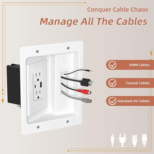 in Wall Cable Management Kit with Brush Wall Plate TV Outlet Wall Kit 2AC+USB-a/c Recessed Outlet Box 9.8ft Cord for TV Workspace Setup Living Room Home Theater Setups