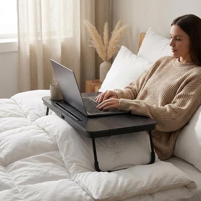 BUYIFY Foldable Laptop Bed Desk for Couch, Sofa - Large Lap Desk Tray Table with Cup Holder and Tablet Slot - Portable Notebook Stand for Eating, Writing, Studying and WFH -NEW-006