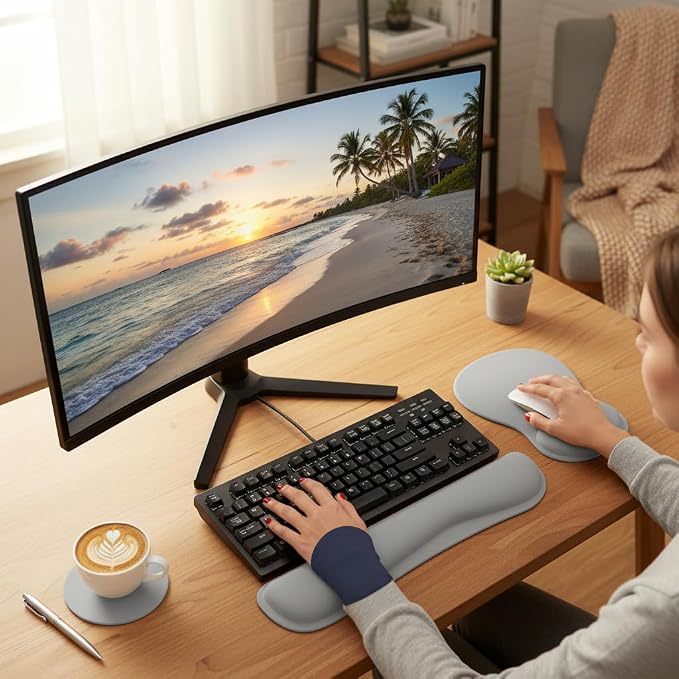 RICHEN Wrist Rest Support for Mouse Pad&Keyboard Set with Coaster,Concave Curved Memory Foam, Non-Slip Base Pain Relief Comfortable Easy Typing Pad for Home/Office (Light Gray)