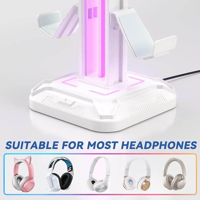 KDD RGB Headset Stand with 9 Light Modes - Controller Holder for Desk - Rotatable Headphone Stand & Detachable Controller Hook for PC Earphone Accessories(White)
