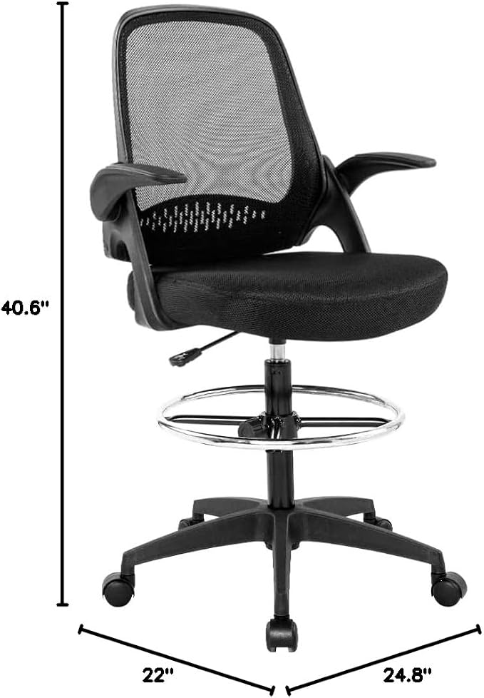 BestOffice Drafting Chair Tall Office Chair Standing Desk Chair Mesh Computer Chair Adjustable Height with Lumbar Support Flip Up Arms Swivel Rolling Executive Chair,Black