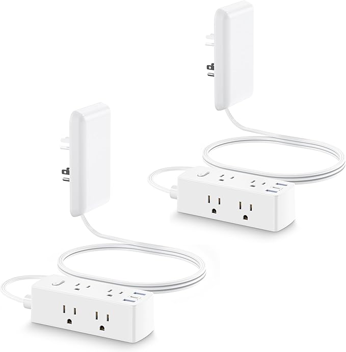 Olcorife Flat Extension Cord with Outlet Cover, Flat Plug Power Strip with 6 Outlets and 3 USB Ports, 2000 Joules Surge Protector, 5 FT Cord Hidden Outlet Extender for Tight Spaces (Pack of 2)