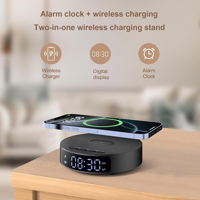 Fast Wireless Charger with Alarm Clock,20W Max Wireless Charging Pad Compatible with iPhone 17/17 Pro/16/15/14/13/12/SE;Wireless Charge Mat for Samsung Galaxy S25/S24/Note,Pixel/LG (Black pad)