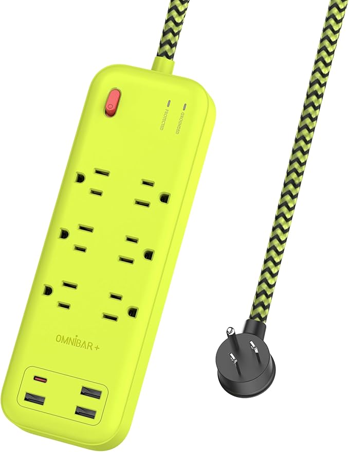 USB Surge Bar 6 Power Strip - 6 Outlets 4 USB Ports(1 USB C), Multi Plug Outlet Extender with 6Ft Braided Extension Cord, 3600 J, Wall Mount, Flat Plug, Desk Charging Station for Office Home