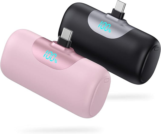 [2-Pack] 5500mAh Portable Charger for iPhone 17/16, LCD Display USB C Mini Power Bank,PD Fast Charging Travel Lipstick Sized Battery Pack for iPhone 17/16/15 Pro Max, Galaxy S25/S24, Pixel(Black+Pink)
