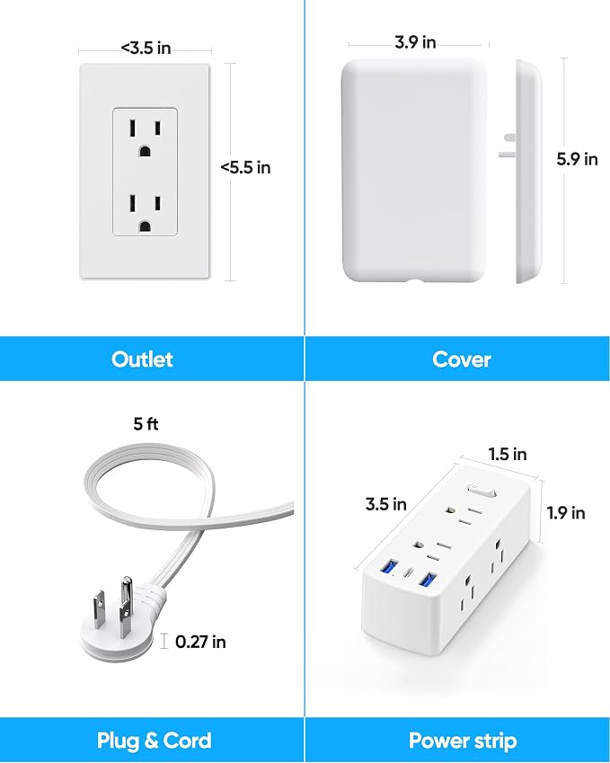 Olcorife 20FT Flat Extension Cord with Outlet Cover, Flat Plug Power Strip with 6 Outlets and 3 USB Ports, 2000 Joules Surge Protector, Hidden Outlet Extender for Tight Spaces