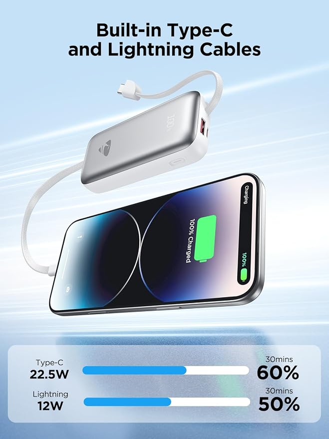 Portable Charger, Power Bank Fast Charging 10000mAh Battery Pack Charger Portable with Built in Cables Travel Essential Portable Power Bank for iPhone 17 16 15 14 13 Samsung Galaxy S24 S23(1Pack)