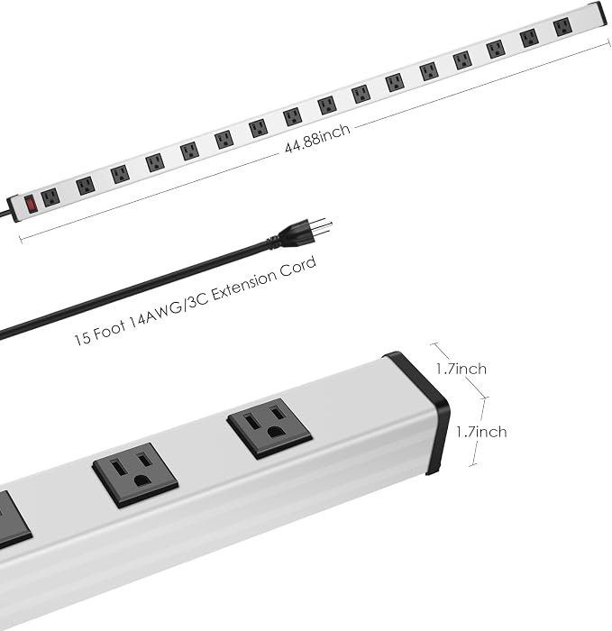 JUNNUJ Long Metal 16 Outlet Power Strip, Wide Spaced Garage Industrial Heavy Duty Power Strip with 15 FT Cord 15A, 125V, 1875W-Silver
