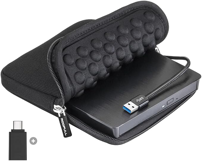 ROOFULL External CD DVD Drive for Laptop, USB 3.0 Type-C Portable CD Burner DVD Player Optical Disc Reader Writer for Windows 11/10 Computer Mac MacBook Linux PC with Protective Carrying Case