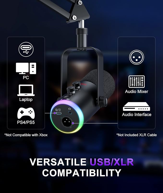 Dynamic Gaming Microphone | USB/XLR Dual Mode | RGB Boom Arm Mic Kit with One‑Touch Mute, Headphone Monitor, Gain Control | for Streaming, Podcast, PC, PS4/PS5, Recording