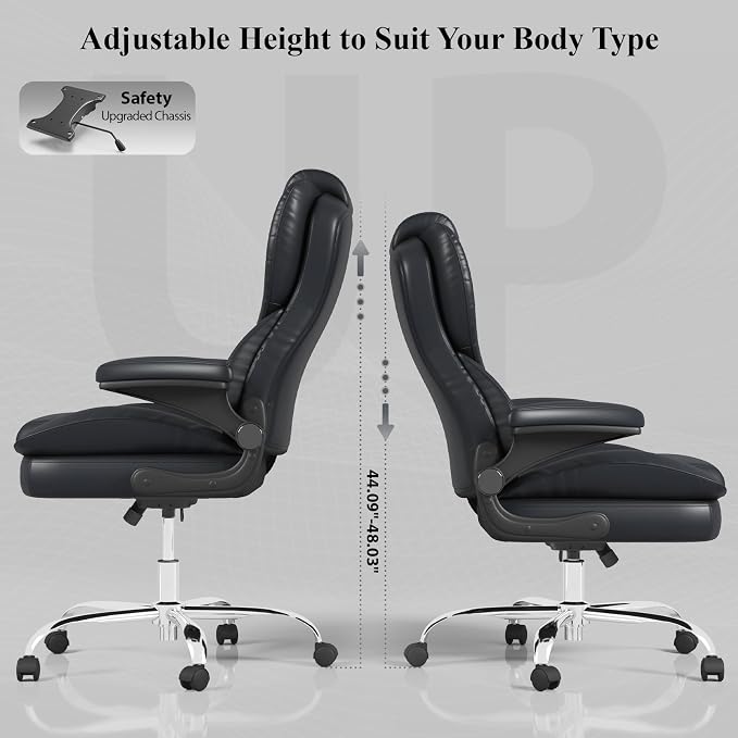 Office Desk Chair, Executive Leather Office Chair, High Back Ergonomic Home Desk Chair with Padded Flip-up Arms, Big and Tall Computer Chair with Rocking Function, 360°Swivel Free, Black