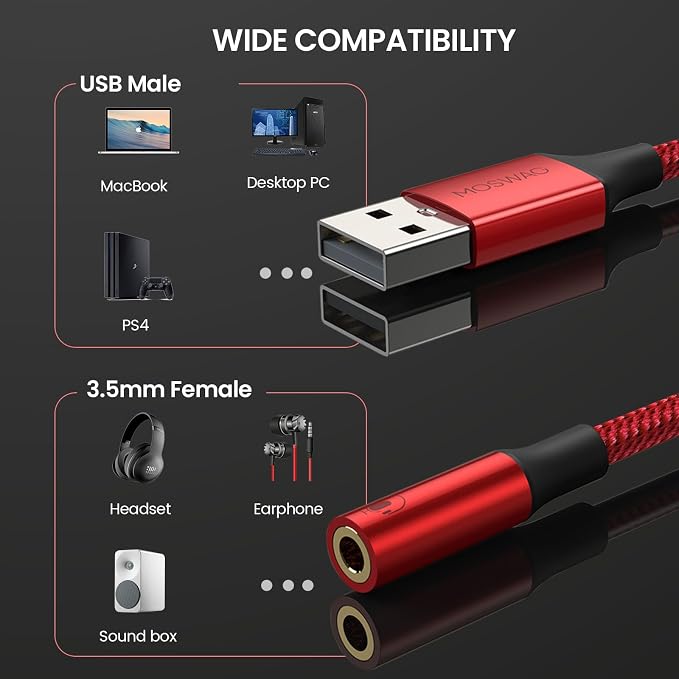 MOSWAG USB to 3.5mm Jack Audio Adapter,USB to Aux Cable with TRRS 4-Pole Mic-Supported PC to Headphone AUX Adapter External Sound Card for PC PS4 PS5 and More (0.65Ft/20cm(3pack), Red)
