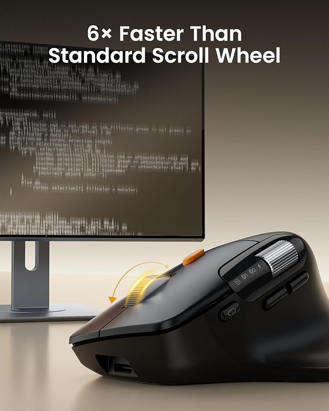 ProtoArc Ergonomic Wireless Mouse, EM25 Fast Scrolling & Side Scroll, Customizable Bluetooth Rechargeable Mouse, 8000 DPI for Medium to Large Hands, Compatible with Windows/Mac/Android, Black