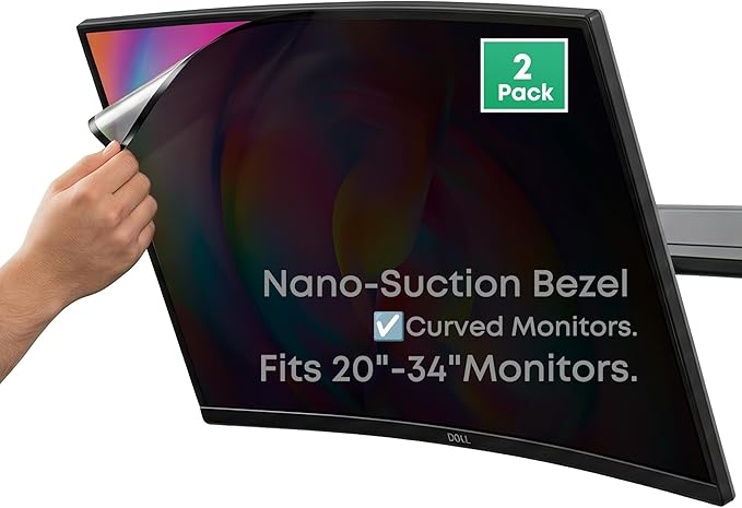 2-Pack 23 Inch Computer Privacy Screen Filter (20.4" × 11.5") for 16:9 Curved & Flat Monitors – Nano-Suction Bezel (Tape-Free Instant Install) – Anti-Glare, Blue Light Blocking, Washable