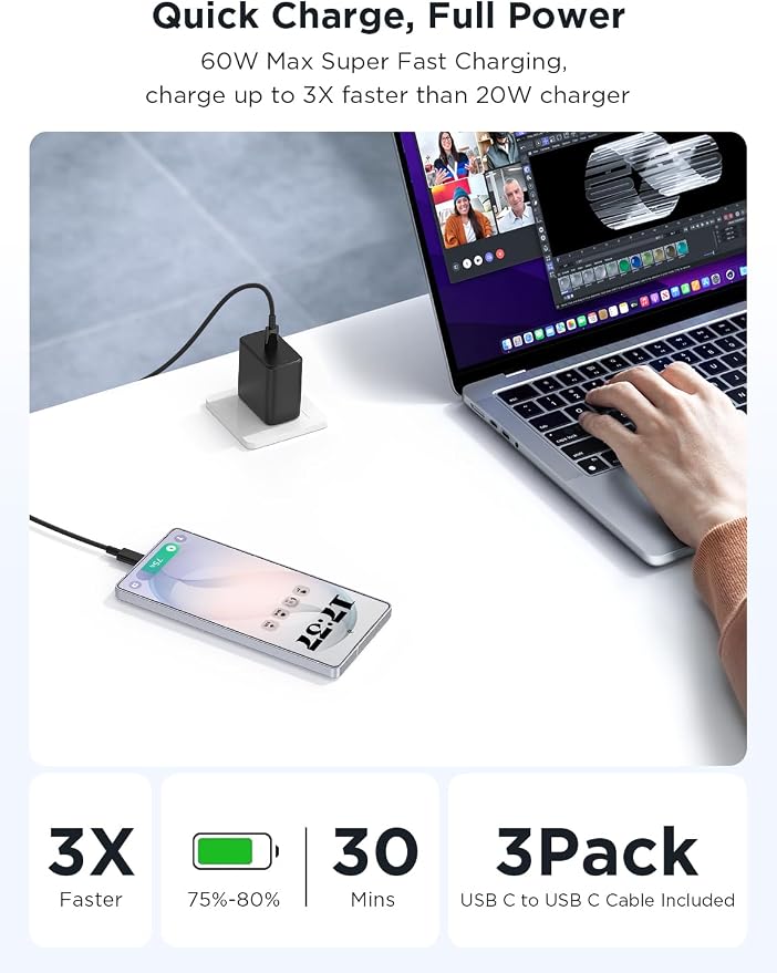 Essri 3Pack 60W Super Fast Charger for Samsung Galaxy S26 Ultra,Type C Charger Fast Charging with 6/6 /10FT Long USB C Cord for Samsung Galaxy S26/S26+/S25/S25 Ultra/S25+/S24 Ultra/S23 Ultra/S22