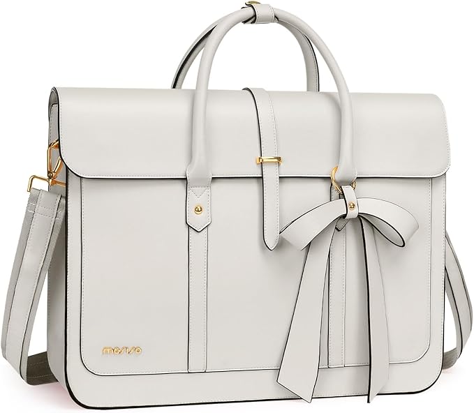 MOSISO Laptop Bag for Women, 13-14 inch PU Leather Laptop Shoulder Bags Convertible Backpack, 13.3 inch Messenger Bags Casual Handbag Work Briefcase Travel Computer Bag with Bowknot, Beige