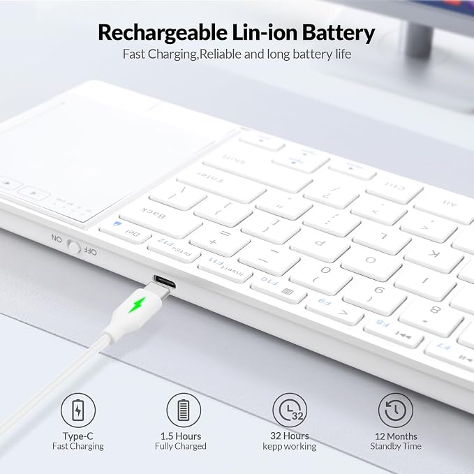Rii K22S 2.4G Wireless and Bluetooth Touch TV Keyboard with Easy Media Control and Built-in Touchpad,Stainless Steel Compact Keyboard for Windows, Android, Chrome OS, Laptop, Tablet - White