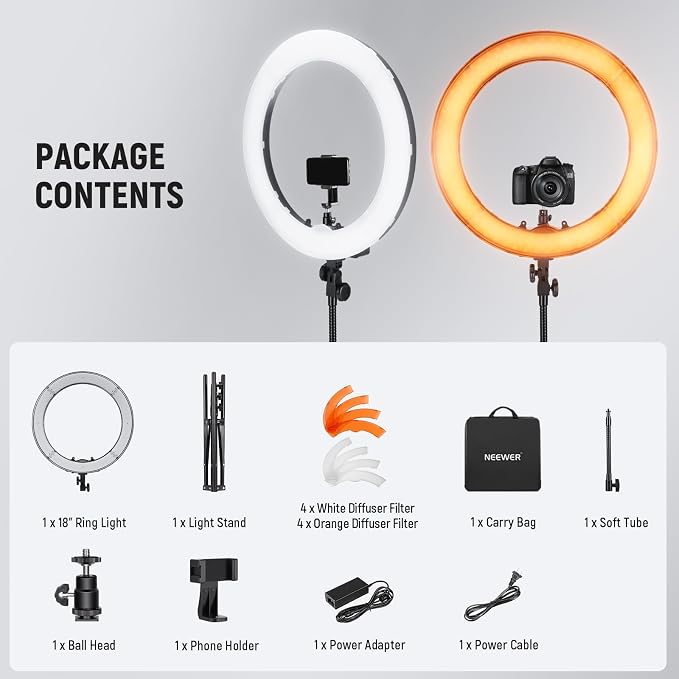 NEEWER 18 Inch Ring Light with Tripod Stand, 55W Large LED Ringlight, Cold Shoe Phone Holder Compatible with iPhone Camera for Video Recording Photography Streaming Selfie Makeup Studio Photo, RL-18