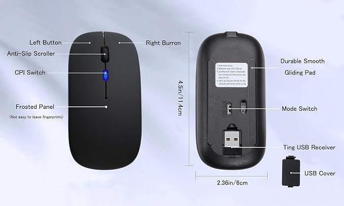 AIKOKOK Wireless Bluetooth Mouse, Rechargeable, Dual Mode Bluetooth 5.2 & 2.4G USB, LED Lights, Slim, Silent, Portable Computer Mouse for Laptop, PC, MacBook, iPad, Tablet (Black)