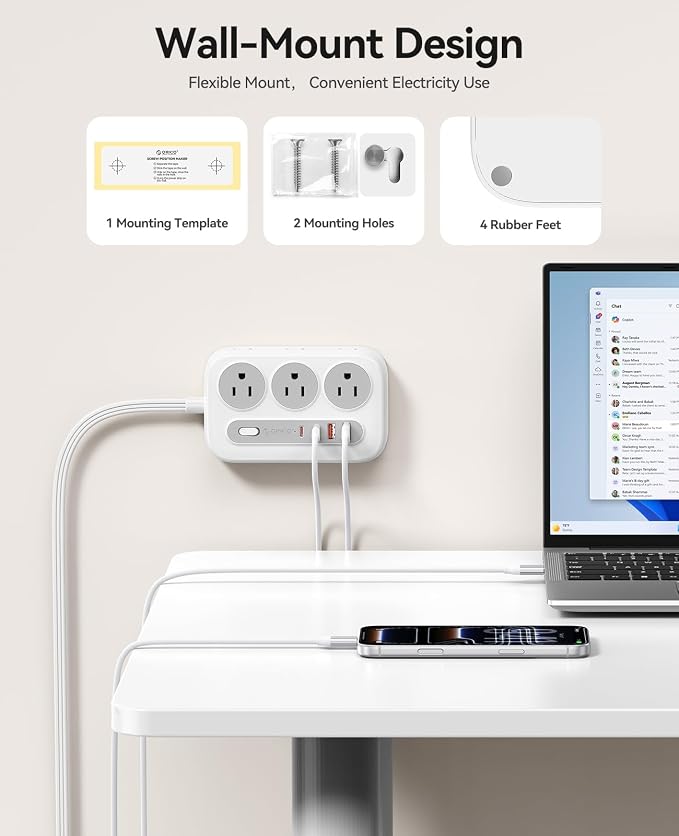 ORICO Surge Protector Power Strip, PD20W Multiple Outlets Extension Cord with 6 AC Outlets and 4 USB Charging Ports (2 USB-C), 45° Flat Plug, 5 Ft Mountable Outlet Extender for Home/Office/Dorm - OG