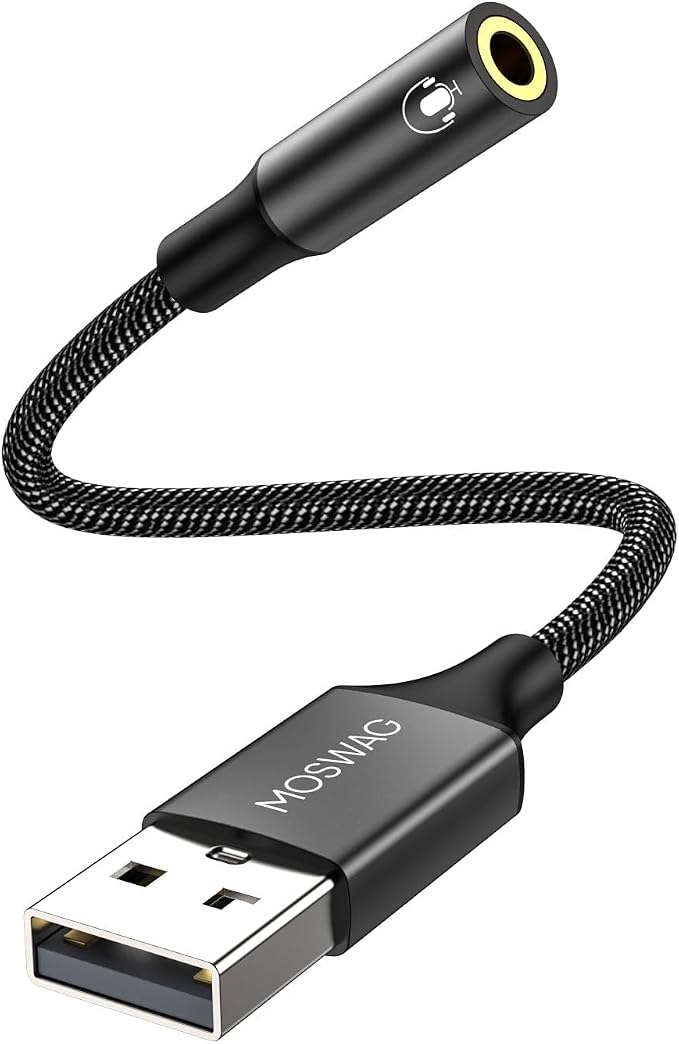 MOSWAG USB to 3.5mm Jack Audio Adapter 0.65Feet/20cm, External Sound Card Support Mic TRRS Headset with 3.5mm Aux Stereo Converter Compatible with Windows, PC, Laptop, Mac, Linux, Desktops, PS4