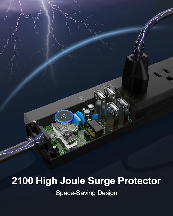 15 Ft Power Strip Surge Protector, 6 Outlets and 4 USB Ports, Flat Plug Power Strips Long Extension Cord with Overload Protection, Wall Mount for Home, Office, Dorm, ETL Listed