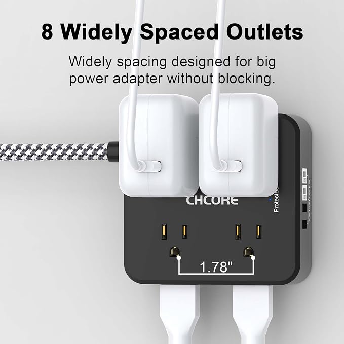 Surge Protector Power Strip - CHCORE 20Ft Braided Extension Cord with 8 Outlets with 4 USB (2 USB C) Charging Ports, Flat Plug Multi Plug Outlet Extender Charging Station for Home Office, ETL, Black