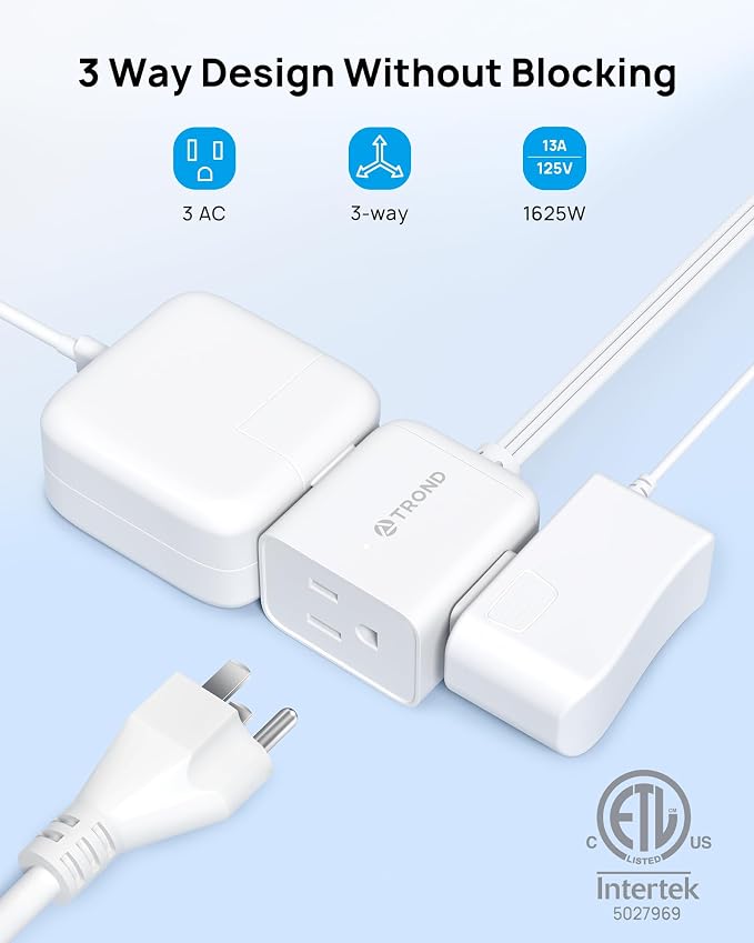 TROND Short Flat Extension Cord 3ft - Left Angled Flat Plug Power Strip, ETL Listed, 3 Plug Extension Outlets, Three Prong, 16 Gauge Wire, 13A, Small for Indoor Home Office Cruise Ship Travel, White