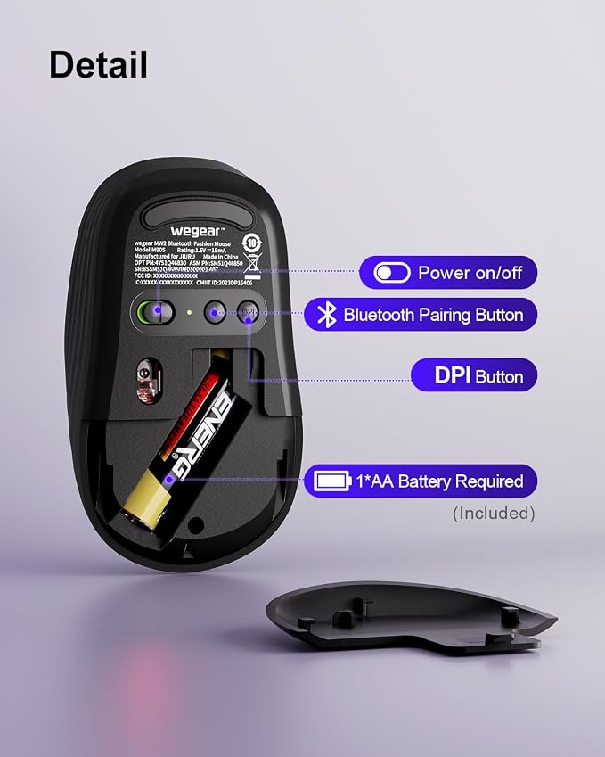 wegear Wireless Mouse Bluetooth Mouse, 1600 DPI Optical Tracking, 3 Adjustable DPI, Compact and Portable Design for Small Hands PC, Mac, 12-Month Battery Life for Work or Travel